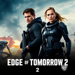 An exhilarating teaser poster for 'Edge of Tomorrow 2' featuring Tom Cruise as Major William Cage and Emily Blunt as Rita Vrataski