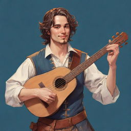 A comic-style portrait illustration of a charming RPG bard with lute in hand, performing a captivating melody.