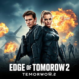 An exhilarating teaser poster for 'Edge of Tomorrow 2' featuring Tom Cruise as Major William Cage and Emily Blunt as Rita Vrataski