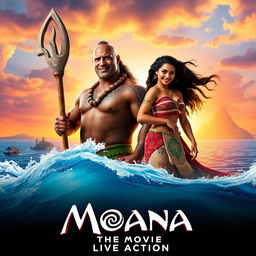 A vibrant and enchanting teaser poster for 'Moana: The Movie - Live Action' featuring Dwayne Johnson as Maui and Zendaya as Moana