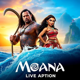 A vibrant and enchanting teaser poster for 'Moana: The Movie - Live Action' featuring Dwayne Johnson as Maui and Zendaya as Moana