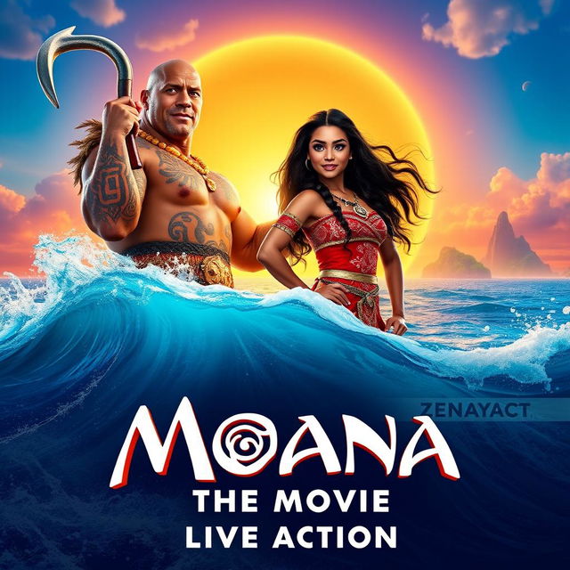 A vibrant and enchanting teaser poster for 'Moana: The Movie - Live Action' featuring Dwayne Johnson as Maui and Zendaya as Moana