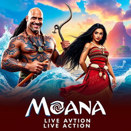 A vibrant and enchanting teaser poster for 'Moana: The Movie - Live Action' featuring Dwayne Johnson as Maui and Zendaya as Moana