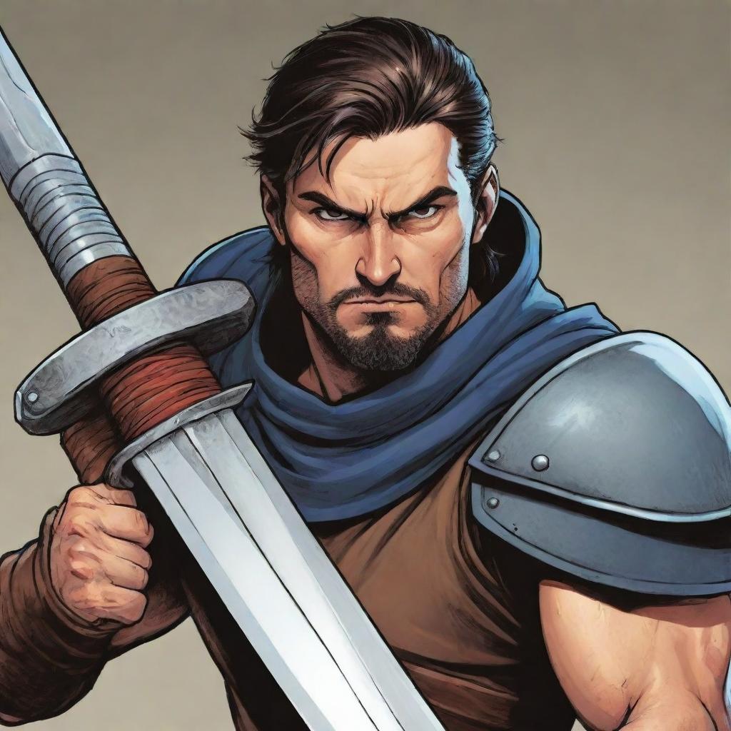 Comic-style portrait illustration of a mighty RPG warrior wielding a large sword, ready for battle with a determined look on his face