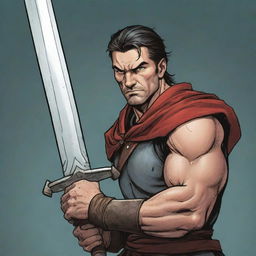 Comic-style portrait illustration of a mighty RPG warrior wielding a large sword, ready for battle with a determined look on his face