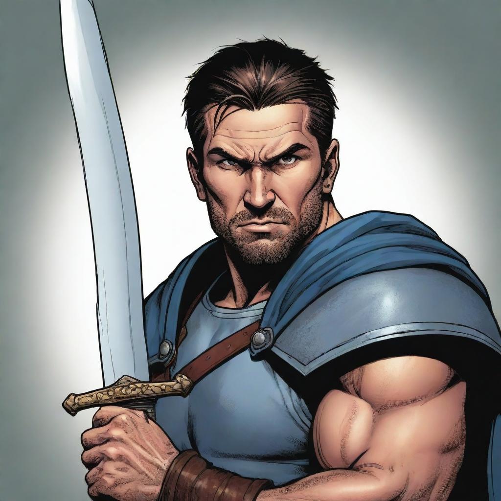 Comic-style portrait illustration of a mighty RPG warrior wielding a large sword, ready for battle with a determined look on his face