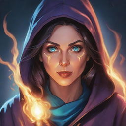 Comics-style portrait illustration of a powerful RPG wizard woman, her eyes glowing with arcane energy.