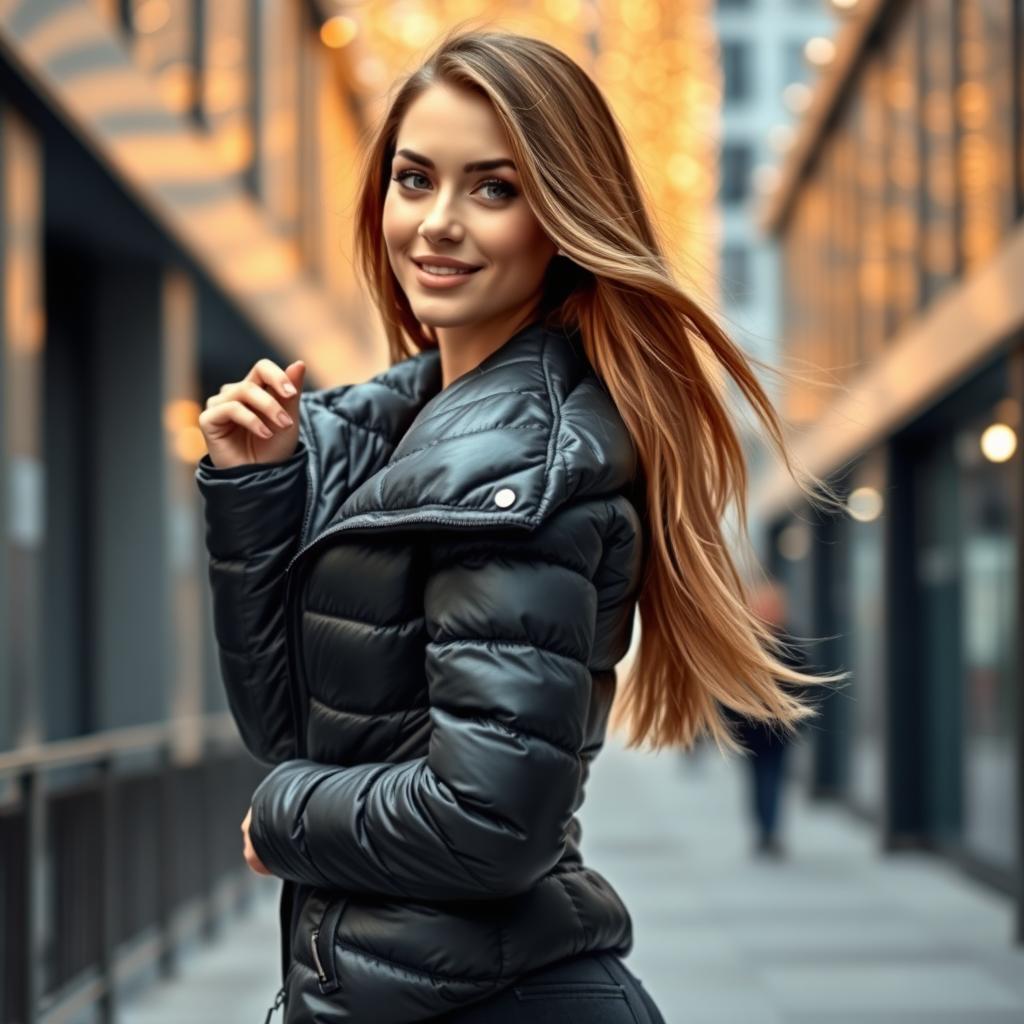 A stunning young woman wearing a fitted, shiny black puffer jacket that beautifully highlights her curves