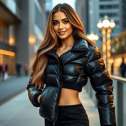 A stunning young woman wearing a fitted, shiny black puffer jacket that beautifully highlights her curves