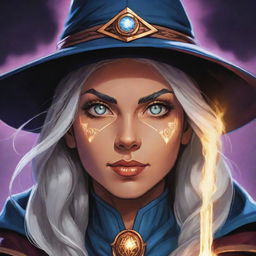 Comics-style portrait illustration of a powerful RPG wizard woman, her eyes glowing with arcane energy.