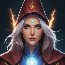 Comics-style portrait illustration of a powerful RPG wizard woman, her eyes glowing with arcane energy.