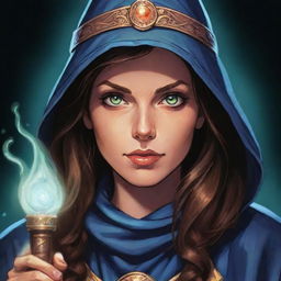 Comics-style portrait illustration of a powerful RPG wizard woman, her eyes glowing with arcane energy.