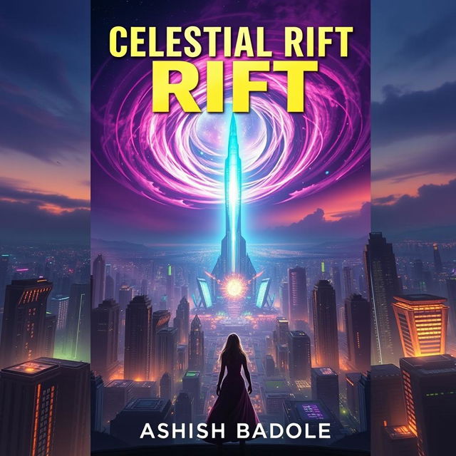 Book cover for 'Celestial Rift' by Ashish Badole, featuring a towering vertical view of Nova Prime