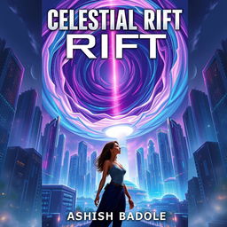 Book cover for 'Celestial Rift' by Ashish Badole, featuring a towering vertical view of Nova Prime