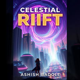 Book cover for 'Celestial Rift' by Ashish Badole, featuring a towering vertical view of Nova Prime