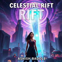 Book cover for 'Celestial Rift' by Ashish Badole, featuring a towering vertical view of Nova Prime