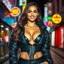 A stunning young woman in a tight, shiny black puffer jacket that emphasizes her curves and big bosom