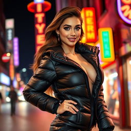 A stunning young woman in a tight, shiny black puffer jacket that emphasizes her curves and big bosom