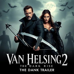 A thrilling movie trailer scene from 'Van Helsing 2: The Dark Rise' set in a gothic, fog-covered Transylvanian landscape
