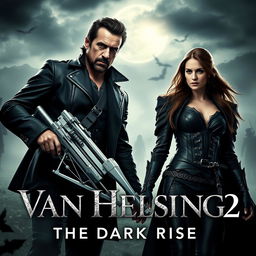 A thrilling movie trailer scene from 'Van Helsing 2: The Dark Rise' set in a gothic, fog-covered Transylvanian landscape