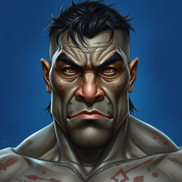 A portrait of a male half-orc named Feng, aged between 27 to 30 years