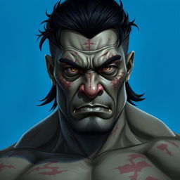A portrait of a male half-orc named Feng, aged between 27 to 30 years