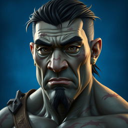 A portrait of a male half-orc named Feng, aged between 27 to 30 years