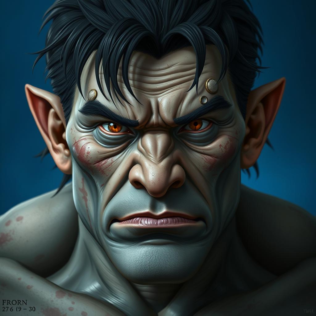 A portrait of a male half-orc named Feng, aged between 27 to 30 years