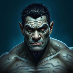A portrait of Feng, a male half-orc aged between 27 to 30 years
