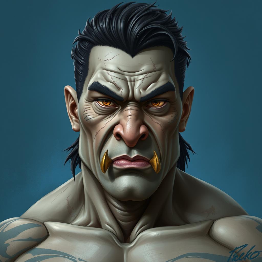 A portrait of Feng, a male half-orc aged between 27 to 30 years