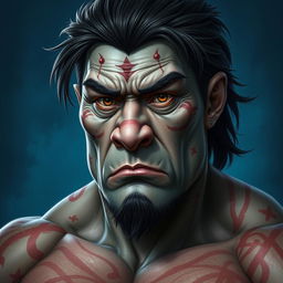 A portrait of Feng, a male half-orc aged between 27 to 30 years