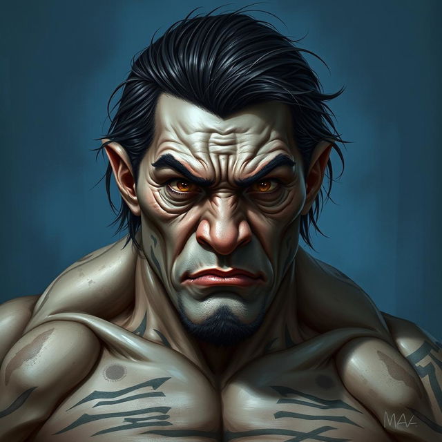 A portrait of Feng, a male half-orc aged between 27 to 30 years