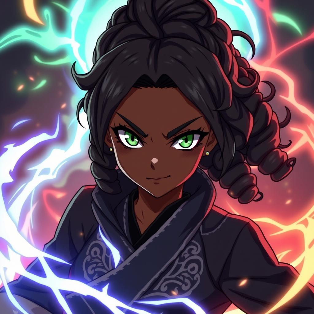 A black girl in JJk (Jujutsu Kaisen) anime style with striking green eyes and a curly low bun hairstyle