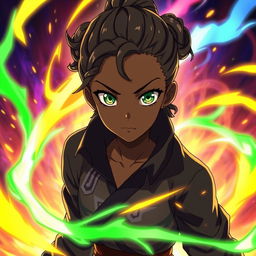 A black girl in JJk (Jujutsu Kaisen) anime style with striking green eyes and a curly low bun hairstyle