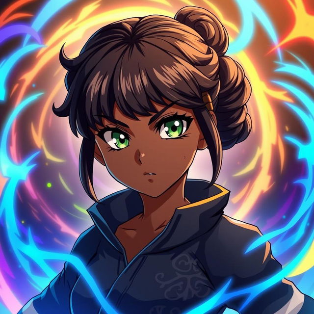 A black girl in JJk (Jujutsu Kaisen) anime style with striking green eyes and a curly low bun hairstyle