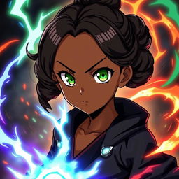 A black girl in JJk (Jujutsu Kaisen) anime style with striking green eyes and a curly low bun hairstyle