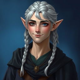 A portrait of a male elf with medium-length silvery hair styled in traditional elven braids