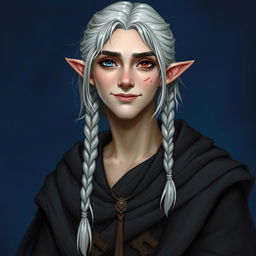 A portrait of a male elf with medium-length silvery hair styled in traditional elven braids