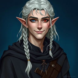A portrait of a male elf with medium-length silvery hair styled in traditional elven braids