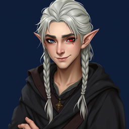 A portrait of a male elf with medium-length silvery hair styled in traditional elven braids