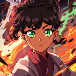 A stunning black girl in the animated style of Jujutsu Kaisen, showcasing vibrant green eyes that sparkle with intensity