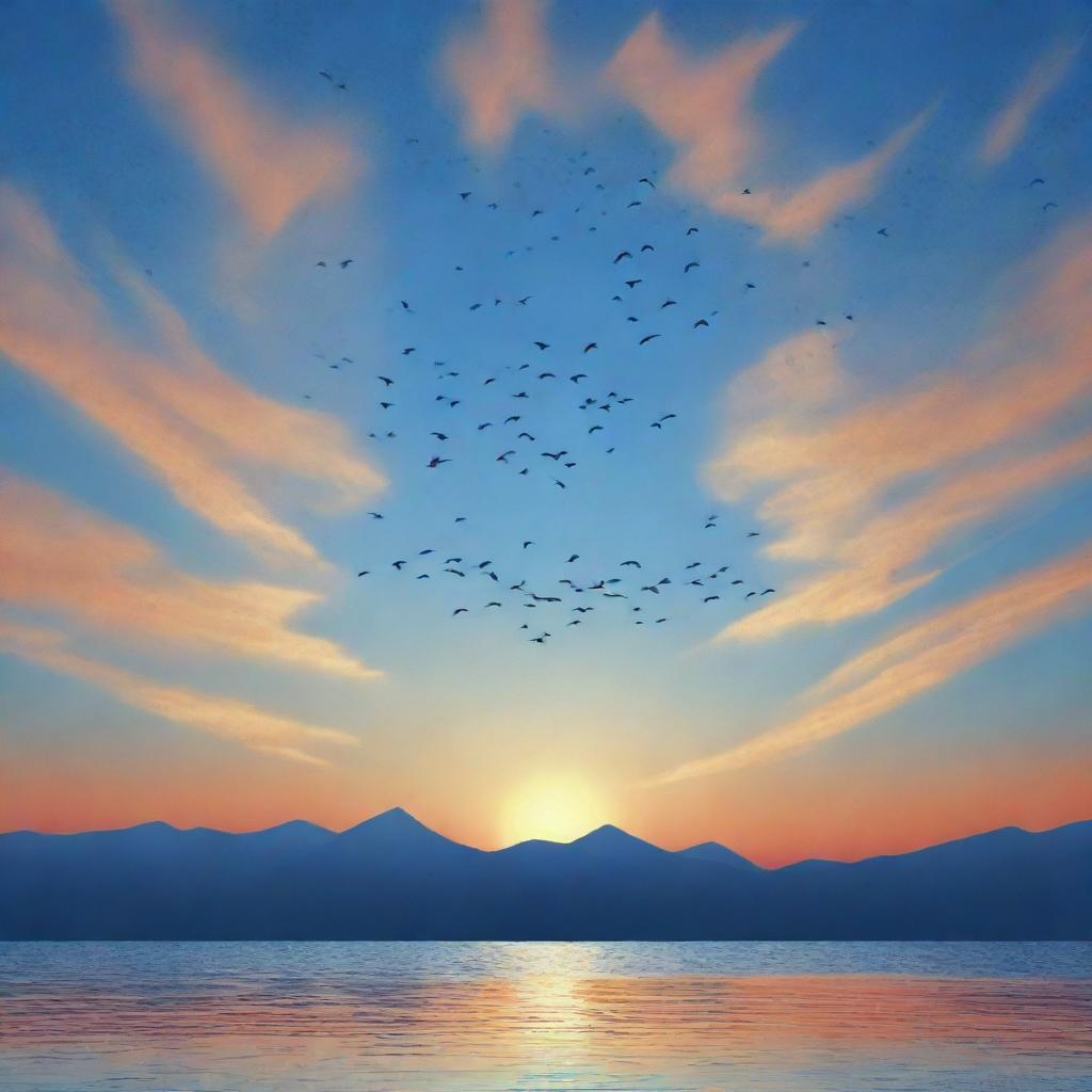 A spiritual scene with birds in flight against a sunset sky integrating sacred geometric patterns