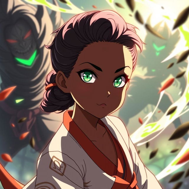 A stunning black girl in the animated style of Jujutsu Kaisen, showcasing vibrant green eyes that sparkle with intensity