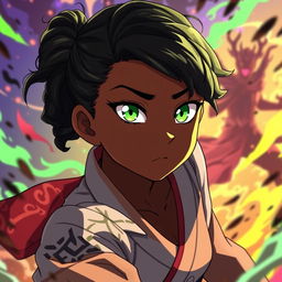 A stunning black girl in the animated style of Jujutsu Kaisen, showcasing vibrant green eyes that sparkle with intensity