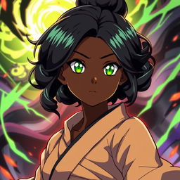 A stunning black girl in the animated style of Jujutsu Kaisen, showcasing vibrant green eyes that sparkle with intensity