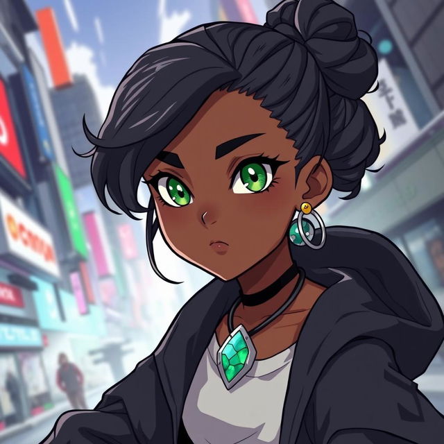 A dynamic illustration of a black girl inspired by Jujutsu Kaisen (JJK) style, featuring striking green eyes and a stylish curly low bun