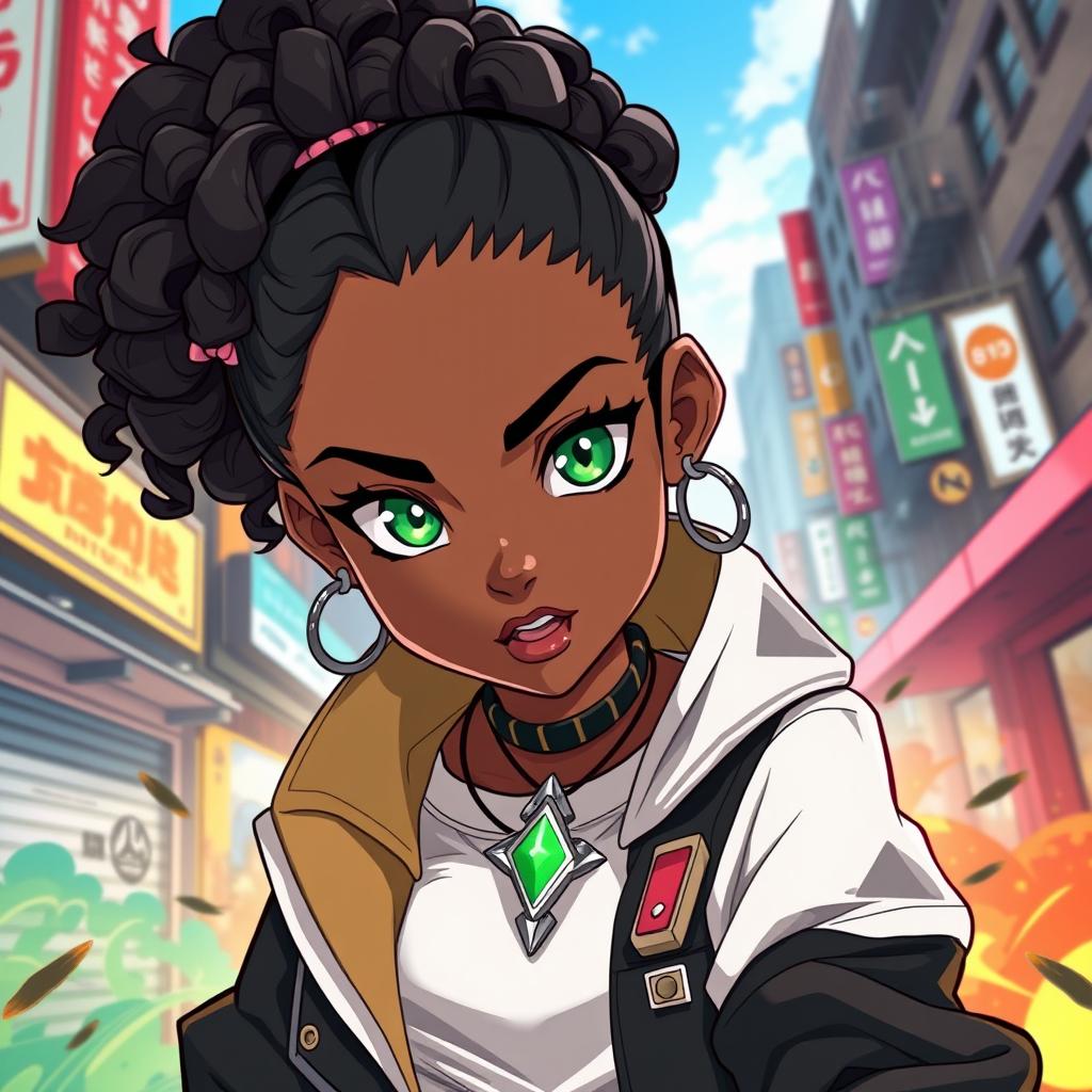 A dynamic illustration of a black girl inspired by Jujutsu Kaisen (JJK) style, featuring striking green eyes and a stylish curly low bun