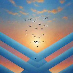 A spiritual scene with birds in flight against a sunset sky integrating sacred geometric patterns