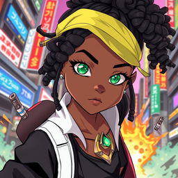 A dynamic illustration of a black girl inspired by Jujutsu Kaisen (JJK) style, featuring striking green eyes and a stylish curly low bun