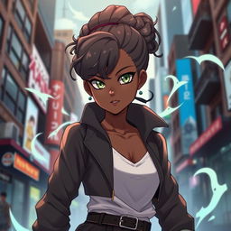 A stunning black girl in the style of 'Jujutsu Kaisen', featuring captivating green eyes and a curly low bun hairstyle